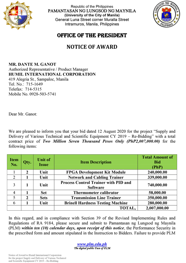 PLM's Notice of Award to Humil international Corporation