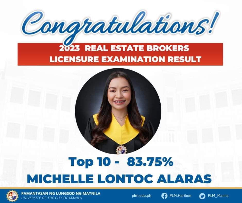 PLM tallies 66.67% passing rate, alumna ranks 10th in real estate brokers board exam