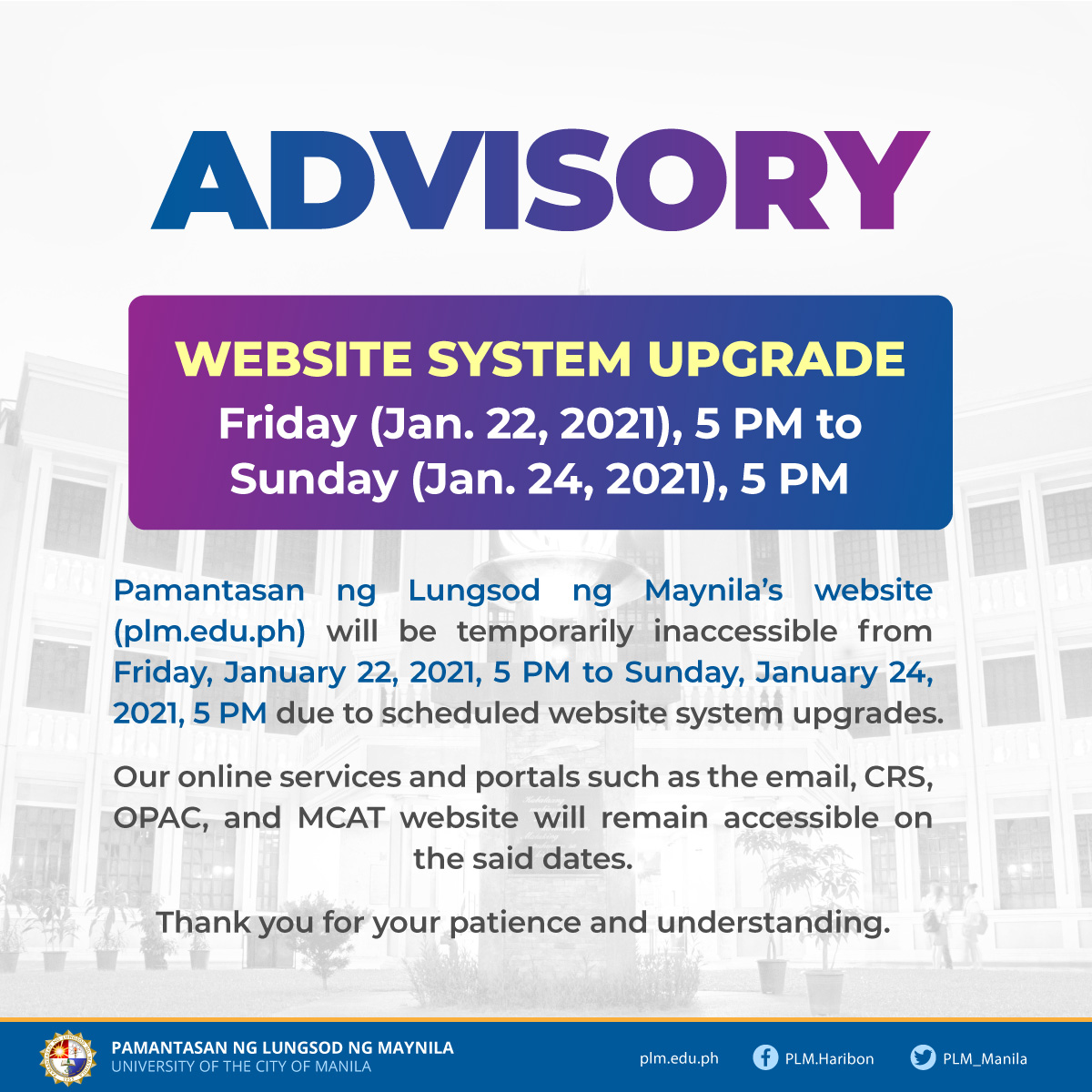 Scheduled website maintenance from Jan. 22-24, 2021