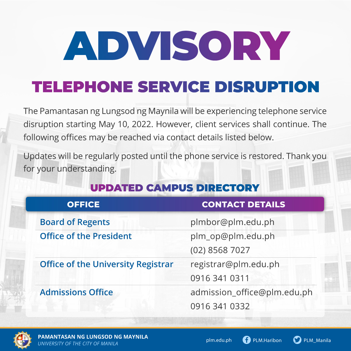 Advisory: Telephone service disruption