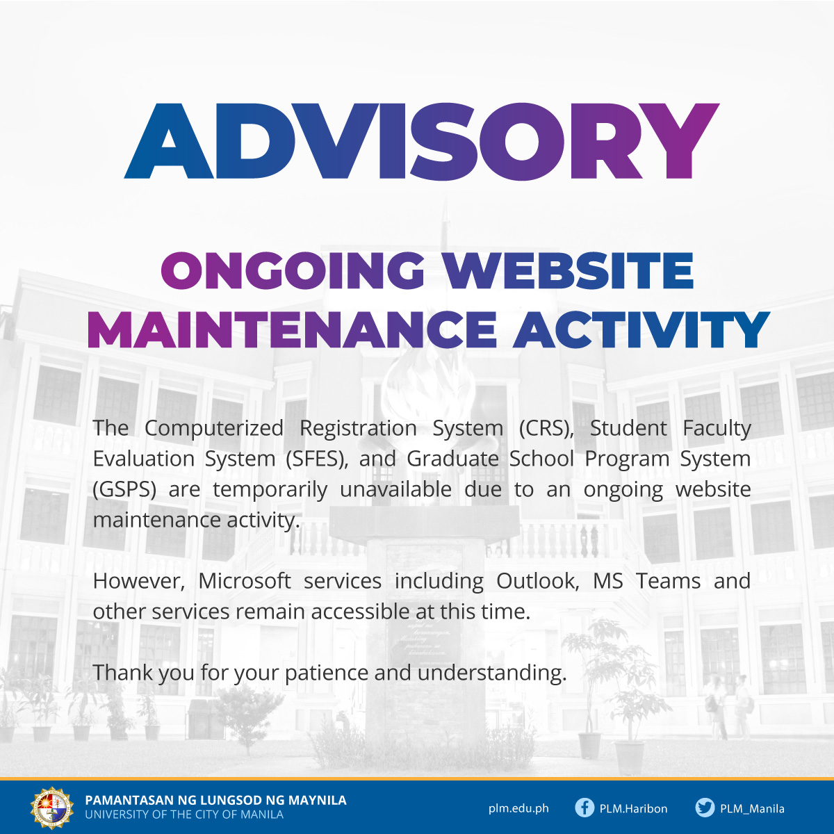 Advisory: Ongoing PLM website maintenance activity
