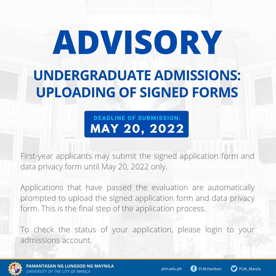Advisory: Deadline of uploading of signed forms for first-year applicants