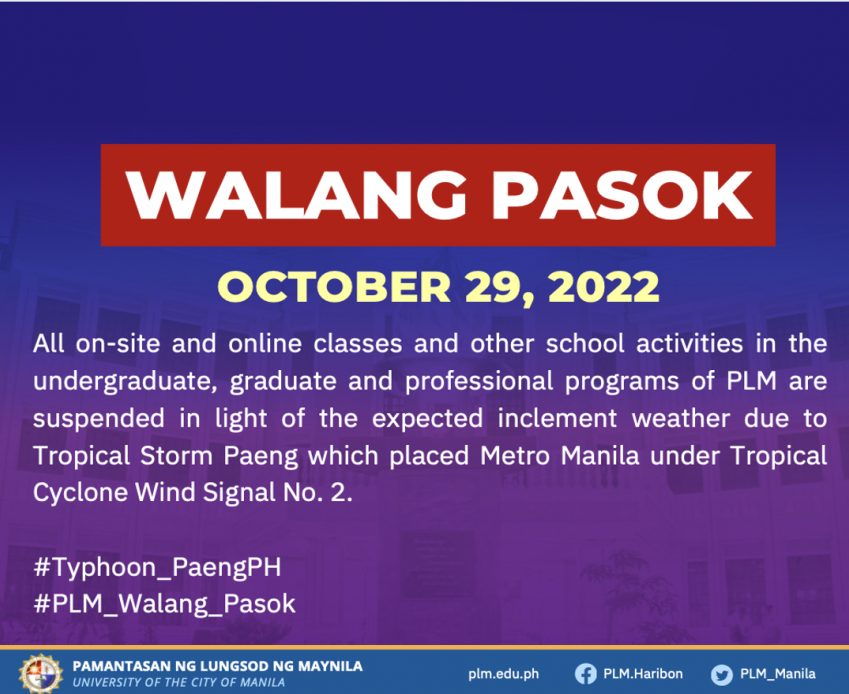 Suspension of Classes and All School Activities in PLM on October 29, 2022