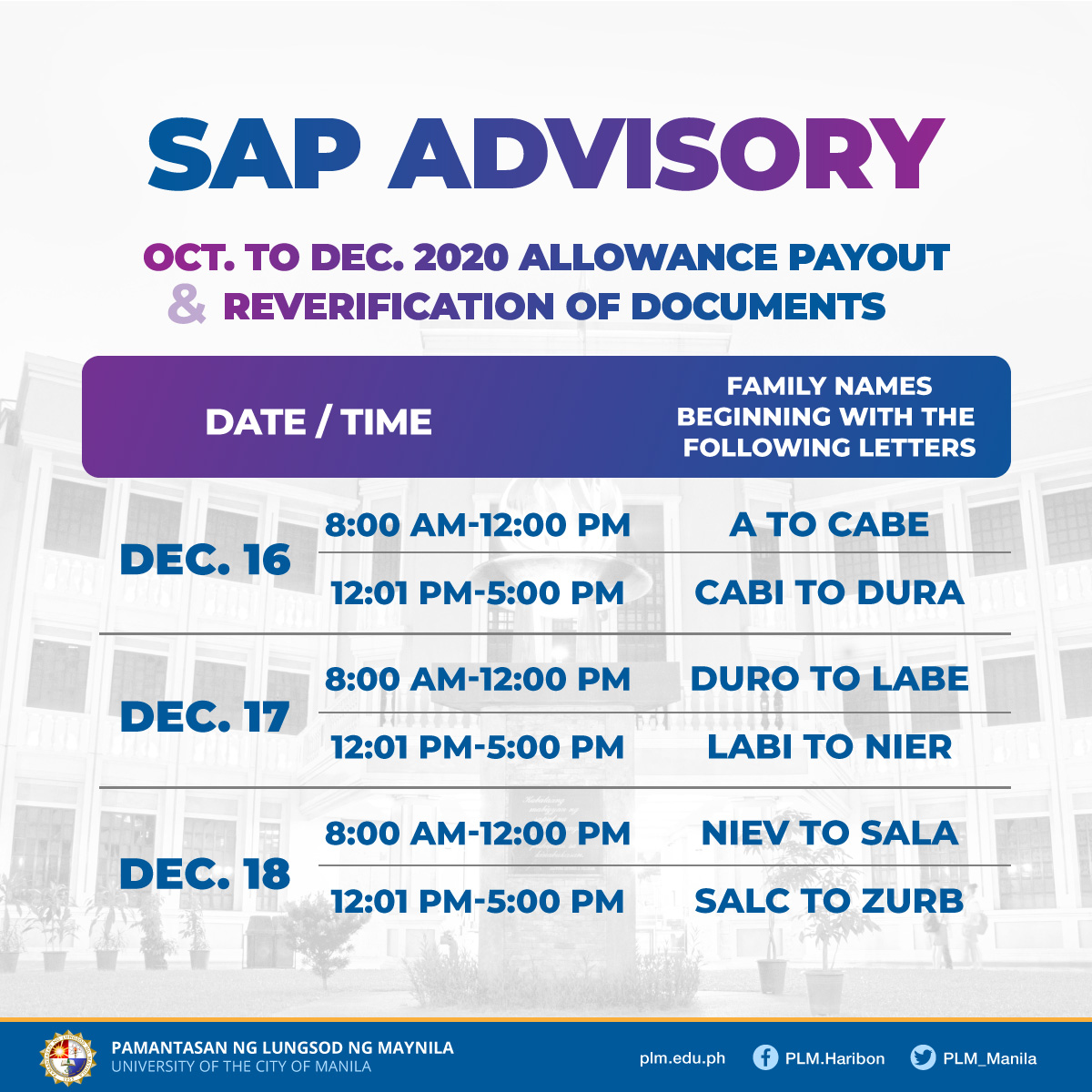 SAP advisory: October to December 2020 payout and reverification of documents 