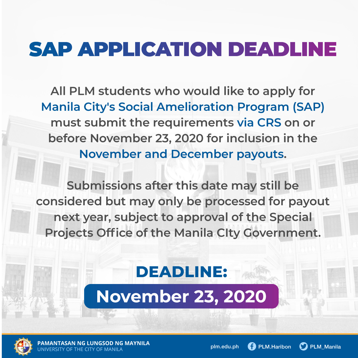 Advisory on the submission deadline for SAP requirements