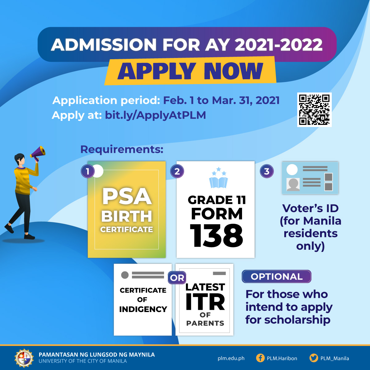 PLM freshmen application for AY 2021-2022 from Feb. 1-Mar. 31, 2021