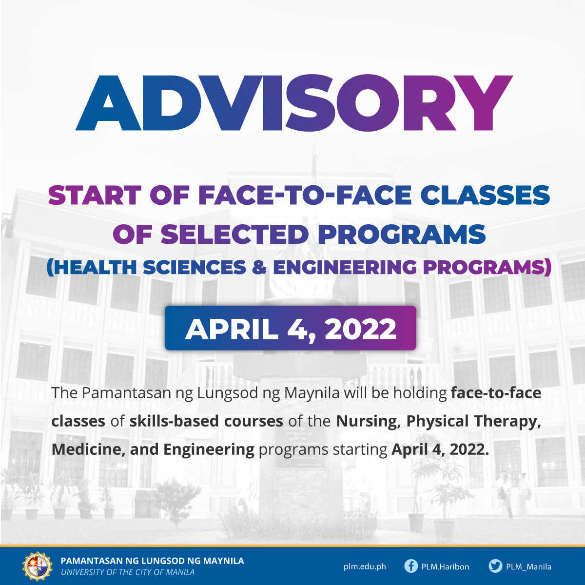 PLM to hold face-to-face classes for health sciences, engineering program