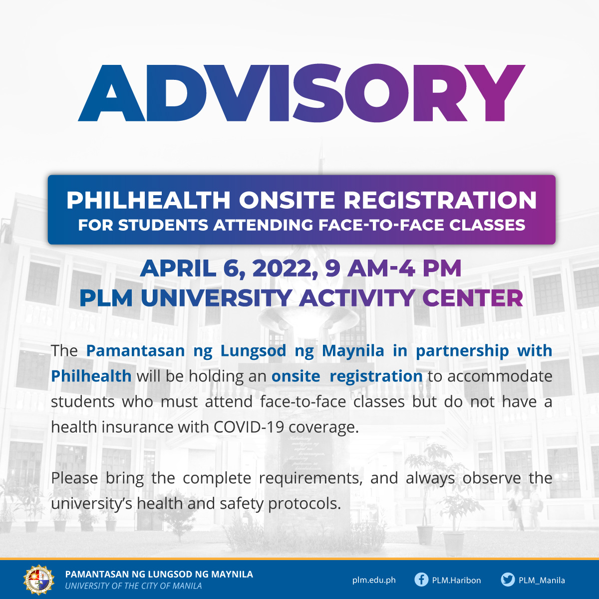 PLM to hold onsite Philhealth registration for students on April 6, 2022