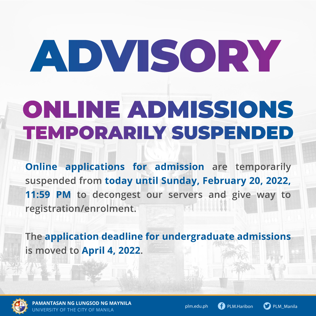 Online admissions temporarily suspended 