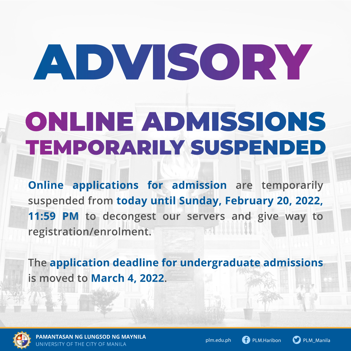 Online applications for admission are temporarily suspended to decongest our servers and give way to registration/enrolment.