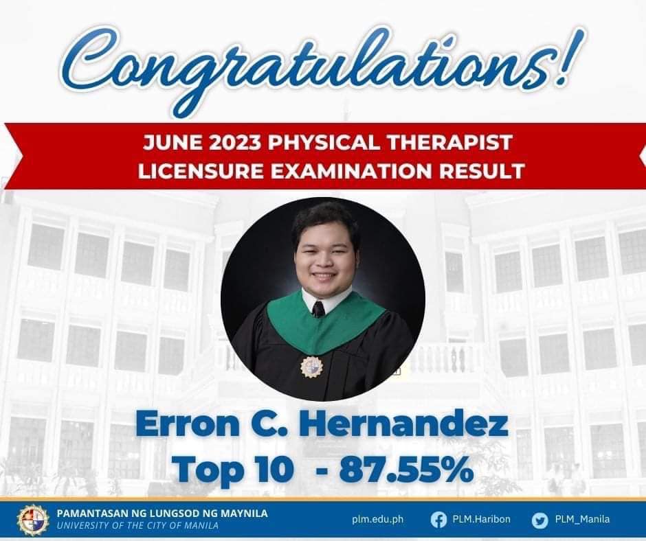 June 2023 Physical Therapist Licensure Examination Erron C Hernandez top 10